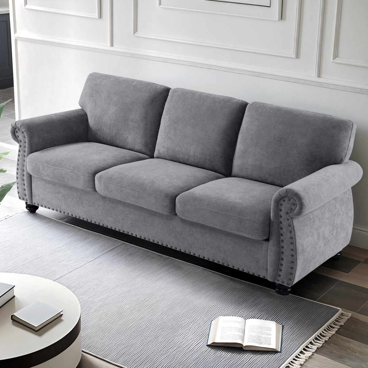 Soft Sofa, Upholstered 3 Seater Couch With High Density Foam, Loose Back Cushions And Turned Legs