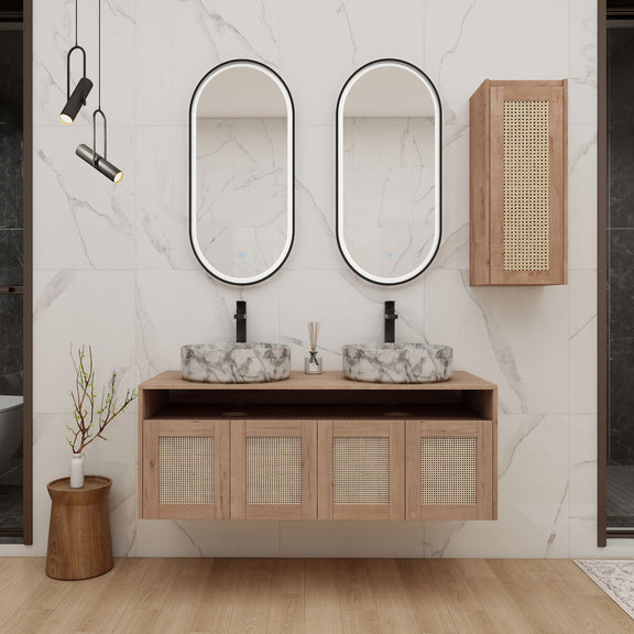 Bathroom vanity with two oval sinks, wood base, four mesh cabinet doors, and wall cabinet