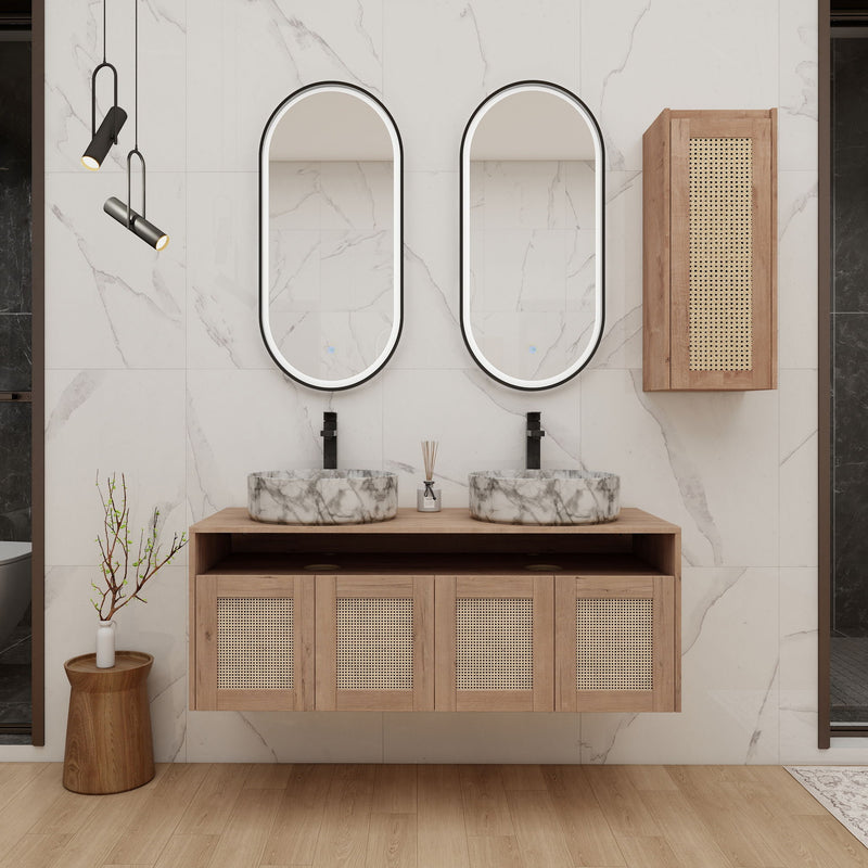 Bathroom vanity with two oval sinks, wood base, four mesh cabinet doors, and wall cabinet