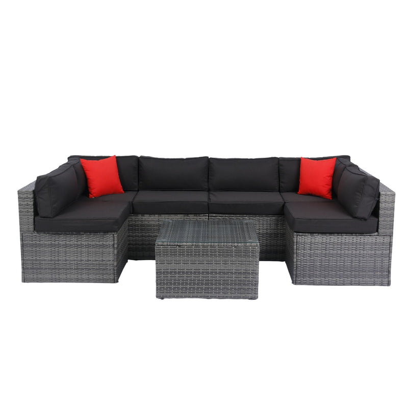 5 Pieces Rattan Sectional Outdoor Furniture Cushioned U Sof Set With 2 Pillow - Gray / Black