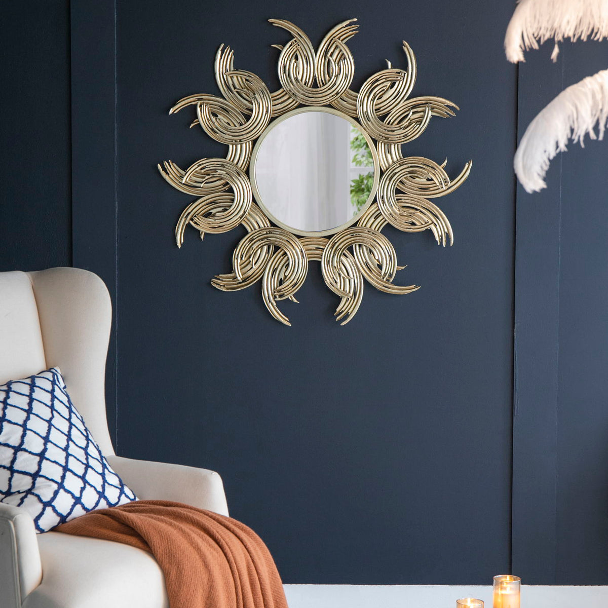 Sunburst Metal Decorative Mirror With, Boho Wall Decor Sun Mirror For Living Room Bathroom Enterway - Gold