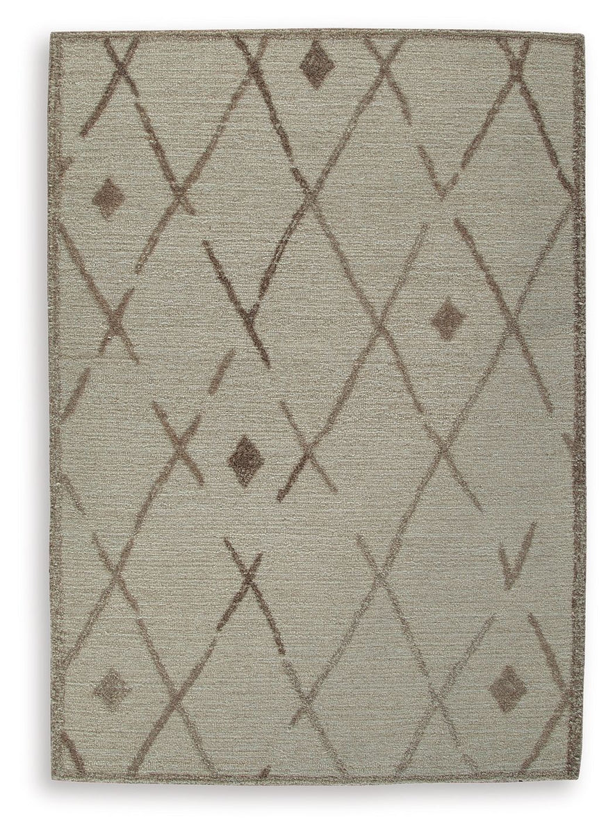 5x7 beige and brown rug with lattice diamond pattern, flat woven