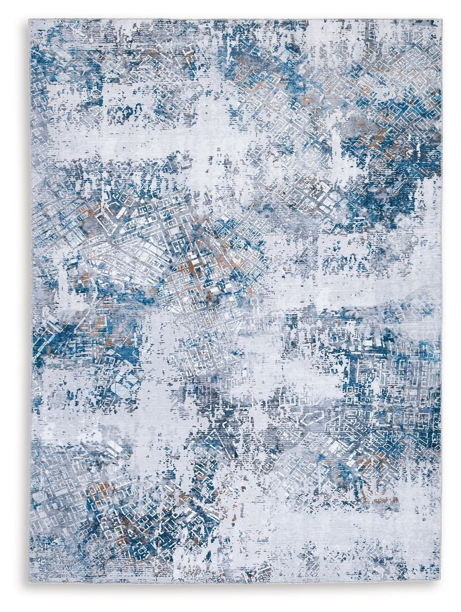 Blue multi area rug with abstract distressed pattern and light border, 5 x 7 ft