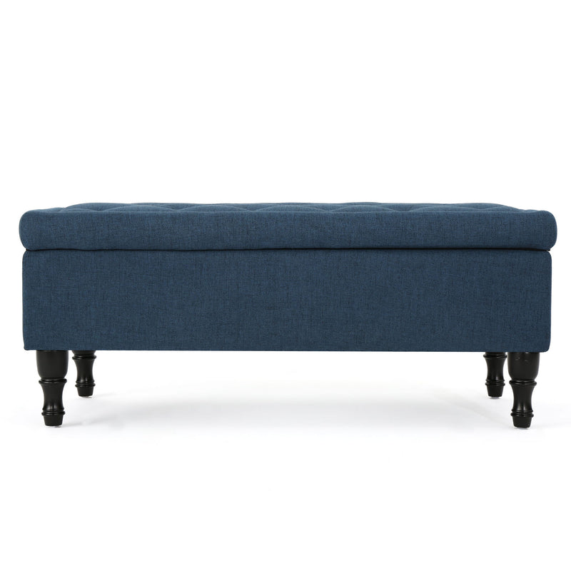 Hyatt - Suede Storage Ottoman With Tufted Top And Dark Wooden Legs - Navy Blue