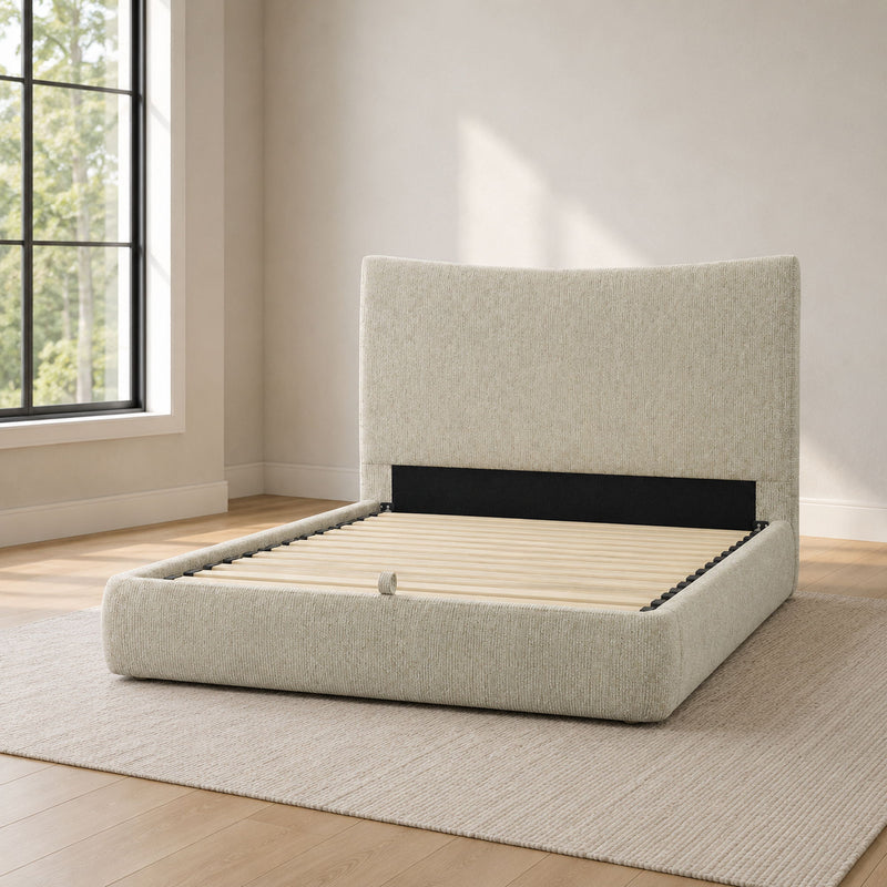 Beige upholstered bed with tall headboard and lift-up storage, slatted base