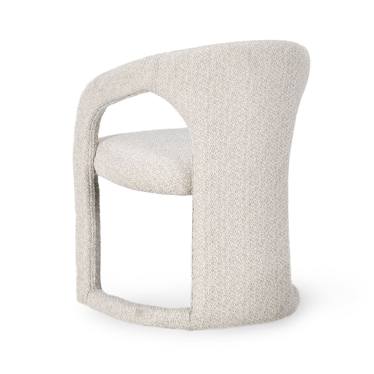 Beige tweed dining chair with curved arms, rounded back, and upholstered seat
