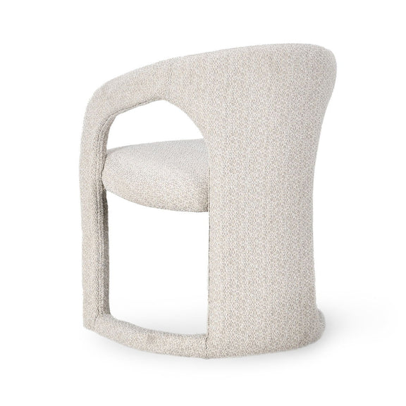 Beige tweed dining chair with curved arms, rounded back, and upholstered seat