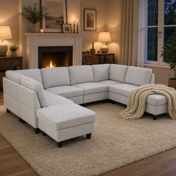 Light gray U-shape modular sectional sofa with chaise ottoman, low arms, and tufted cushions