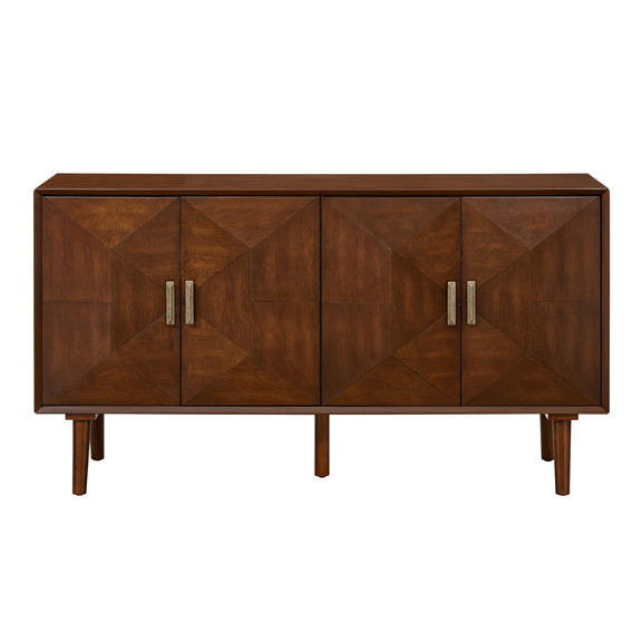Walnut sideboard cabinet with four geometric-panel doors, metal handles, and tapered legs