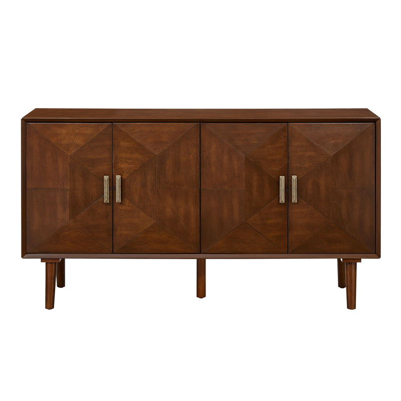 Walnut sideboard cabinet with four geometric-panel doors, metal handles, and tapered legs