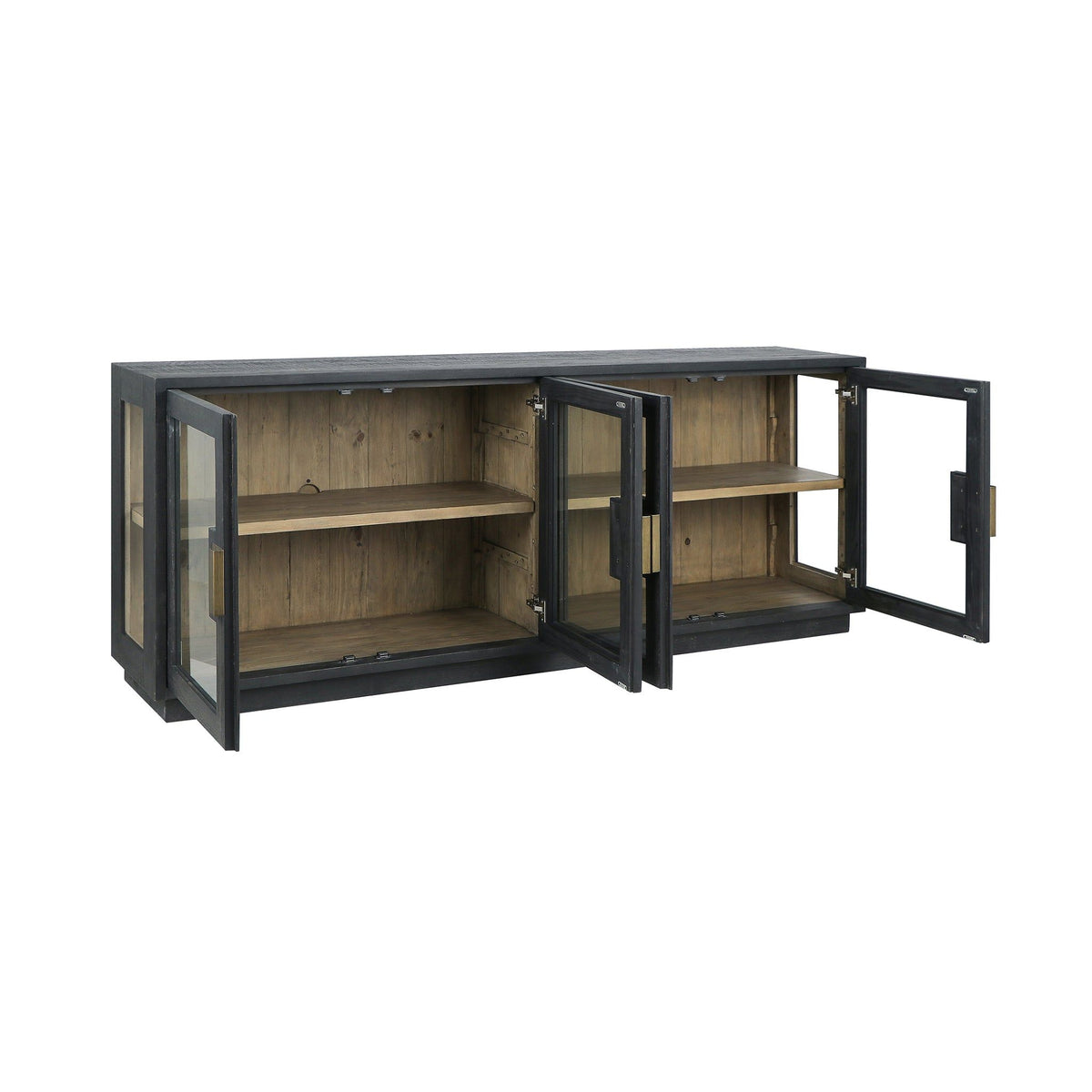 Black 4-door sideboard with two open doors revealing wood shelves and interior
