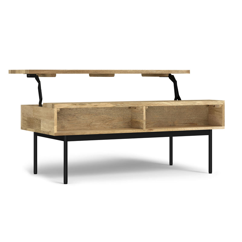 Natural wood lift-top coffee table with black metal legs and open storage compartment
