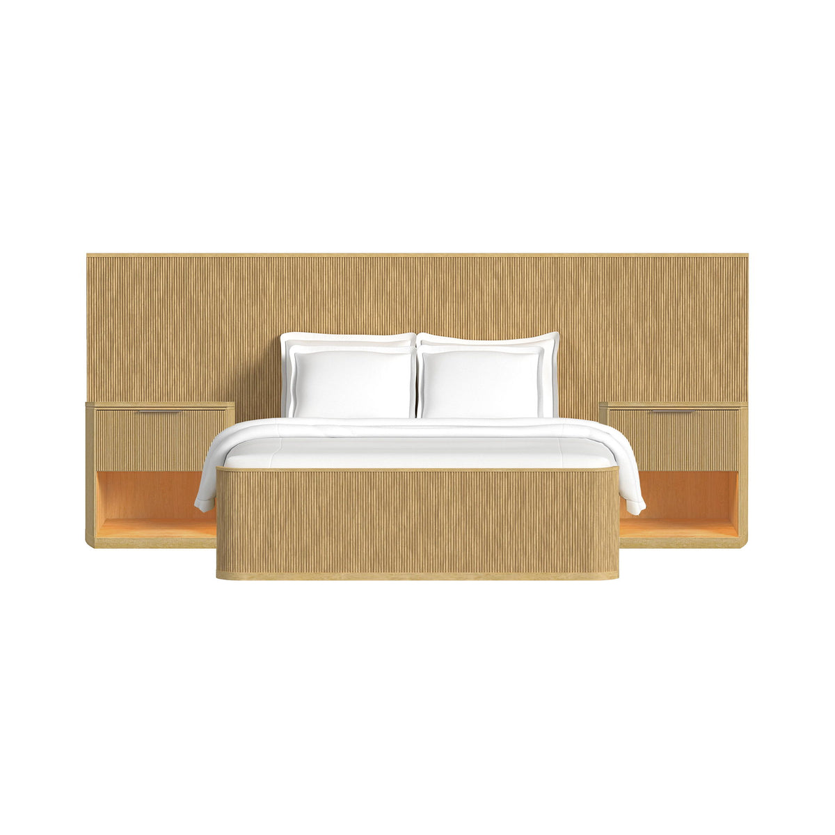 Wall bed bedroom set in light brown wood finish with white upholstered bed frame.