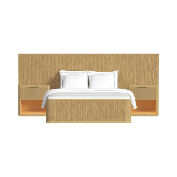 Wall bed bedroom set in light brown wood finish with white upholstered bed frame.