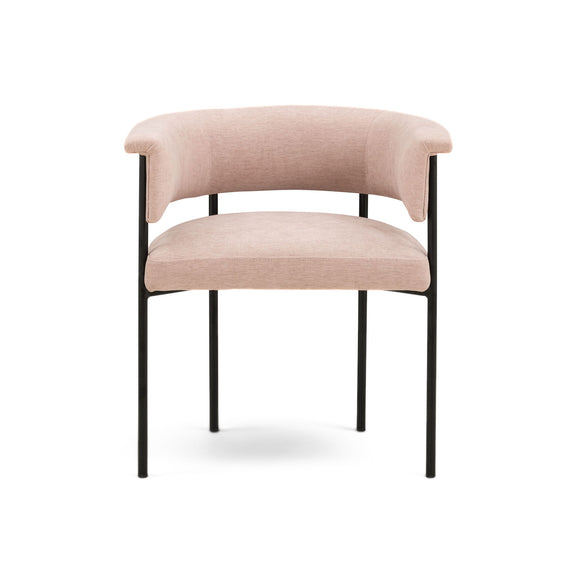 Light pink upholstered dining chair with curved back and square black legs