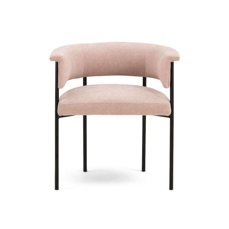 Light pink upholstered dining chair with curved back and square black legs