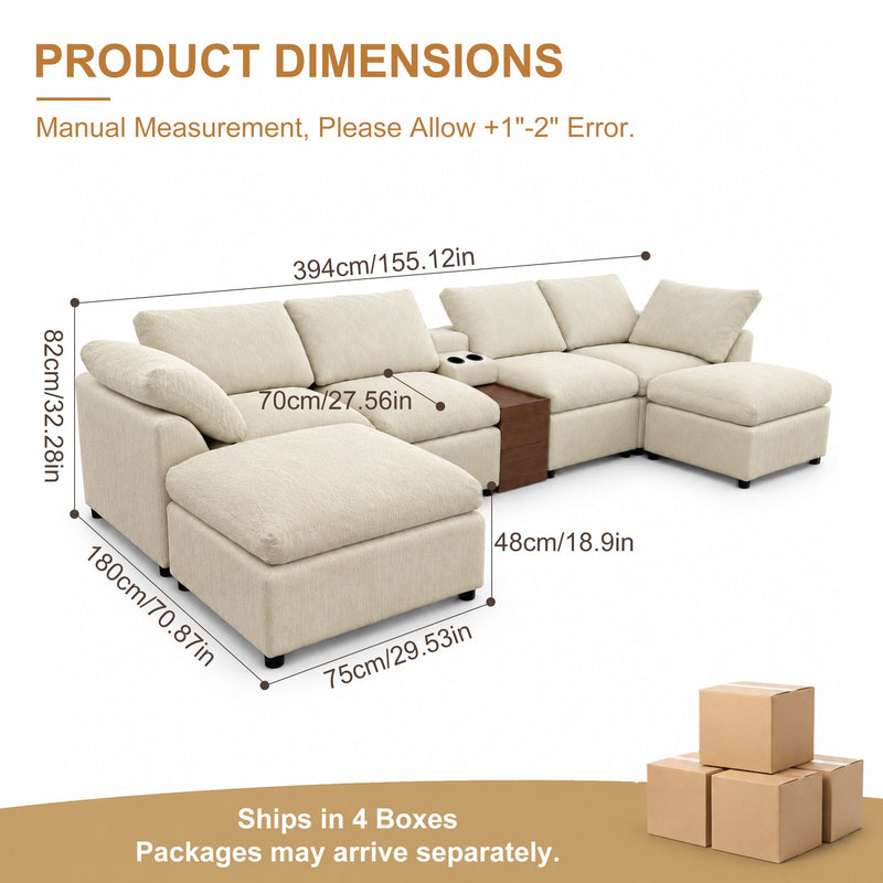 White modular sectional sofa set with storage console and ottoman chaise layout