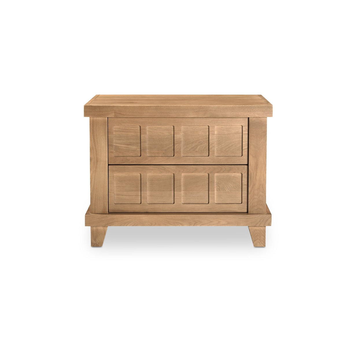 Natural oak nightstand with two drawers and open lower shelf, flat panel fronts