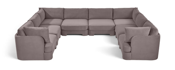 Gray velvet U-shaped sectional sofa, 8-piece set with wide chaise seats