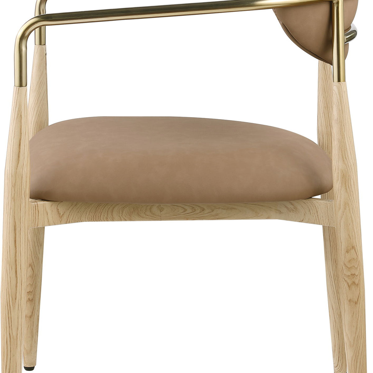 Vegan leather dining arm chair with light brown seat and back, gold-tone arms, wood legs
