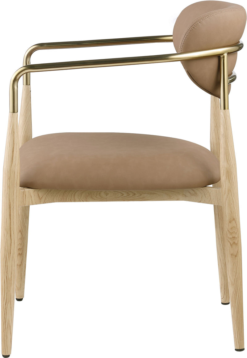 Vegan leather dining arm chair with light brown seat and back, gold-tone arms, wood legs