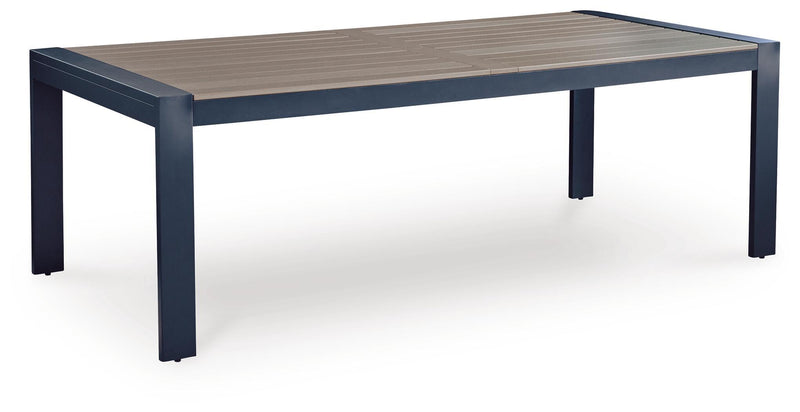 Rectangular outdoor dining table, dark blue frame and light wood slat tabletop