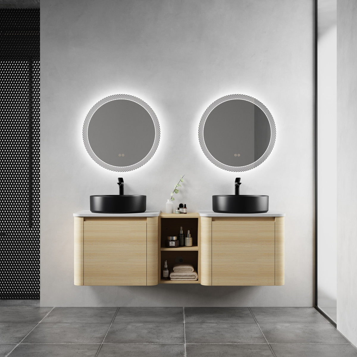 Mounted bathroom vanity with art sinks, light wood cabinet, two black round sinks and center shelf