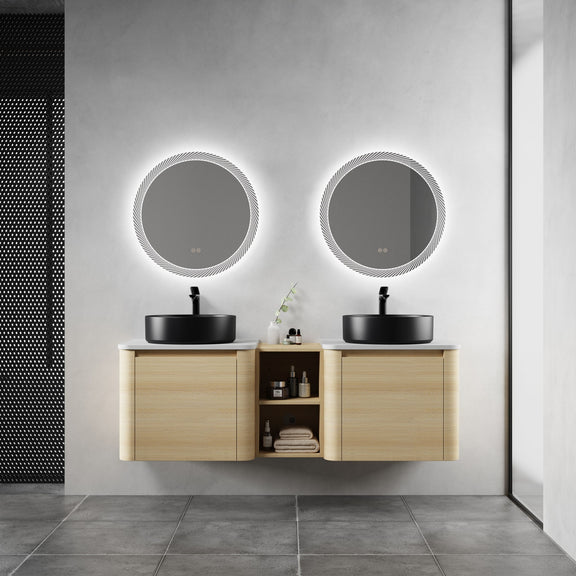 Mounted bathroom vanity with art sinks, light wood cabinet, two black round sinks and center shelf