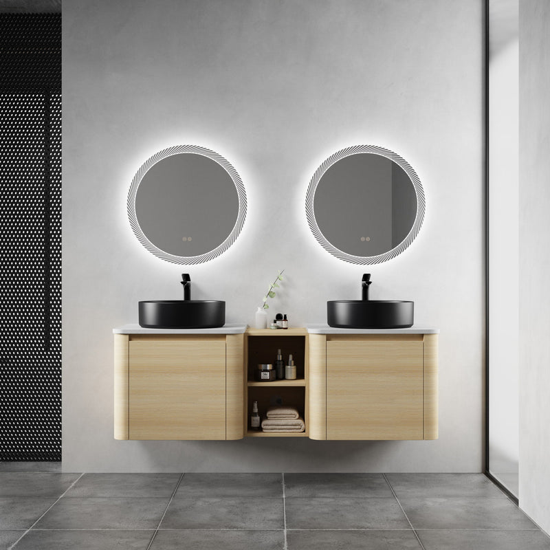 Mounted bathroom vanity with art sinks, light wood cabinet, two black round sinks and center shelf
