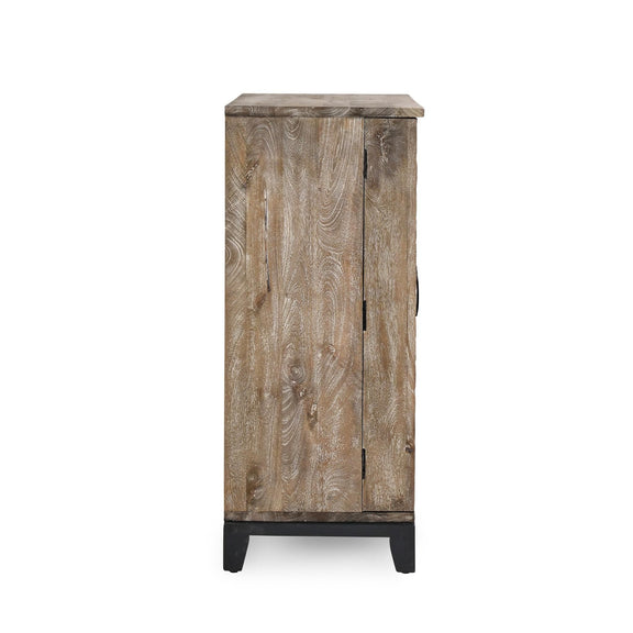Light brown wooden bar cabinet with two doors and dark base legs