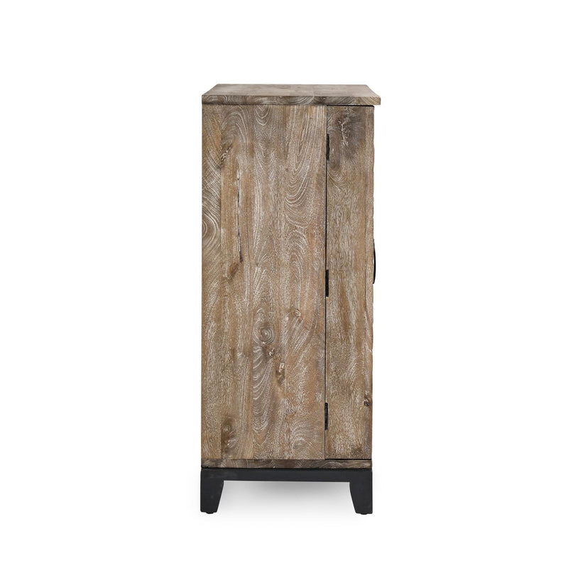 Light brown wooden bar cabinet with two doors and dark base legs