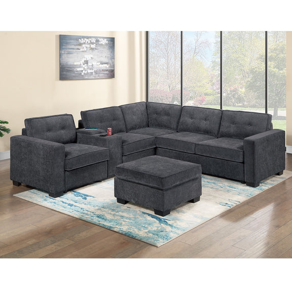 Dark gray sectional sofa set with corner wedge and ottoman, deep cushioned seats
