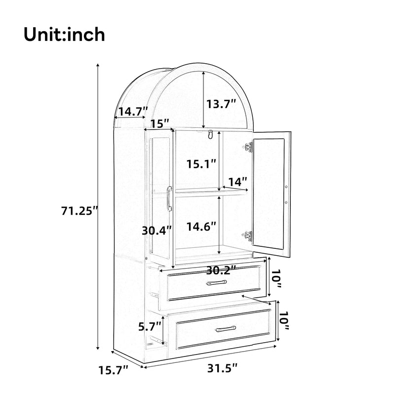 Arched-top cabinet dimension diagram with labeled measurements in inches
