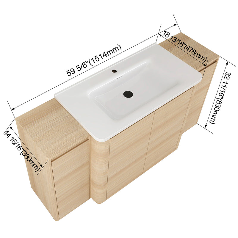 Light brown freestanding bathroom vanity with white sink basin and two cabinet doors