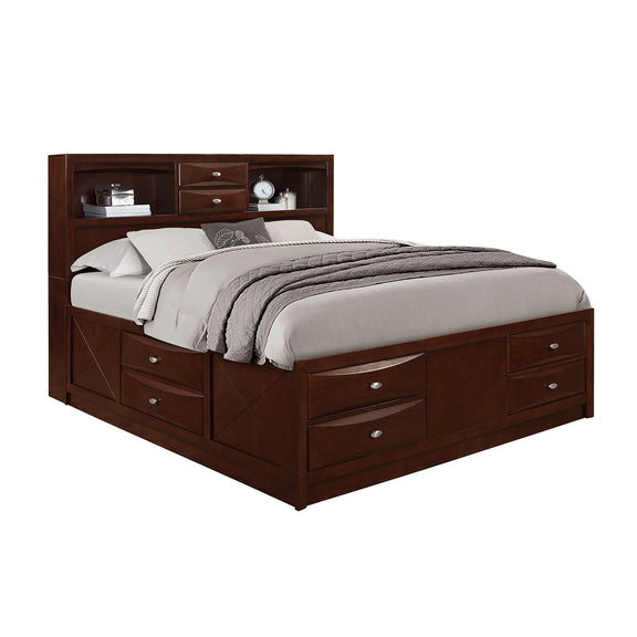 Dark brown queen bed frame with bookcase headboard and storage drawers