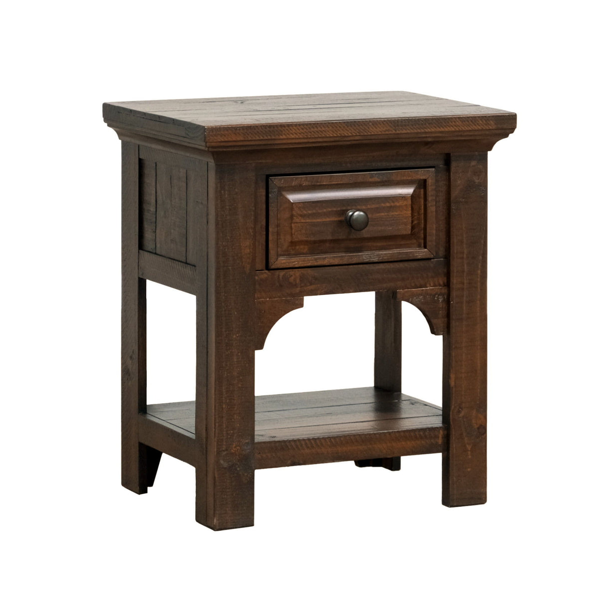 Brown wooden 1-drawer nightstand with open shelf and metal knob pull