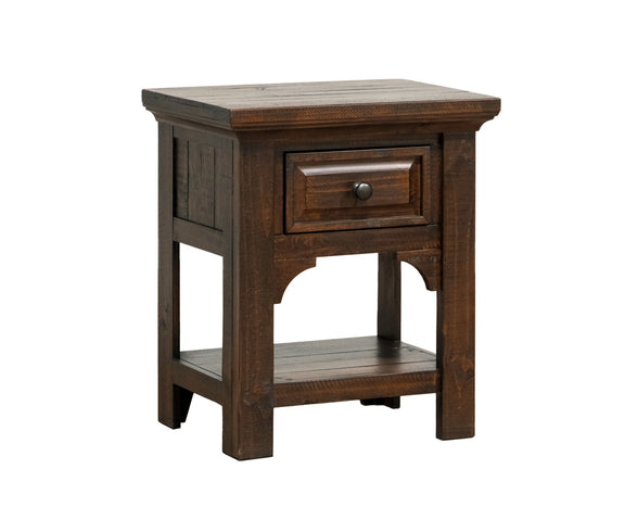 Brown wooden 1-drawer nightstand with open shelf and metal knob pull