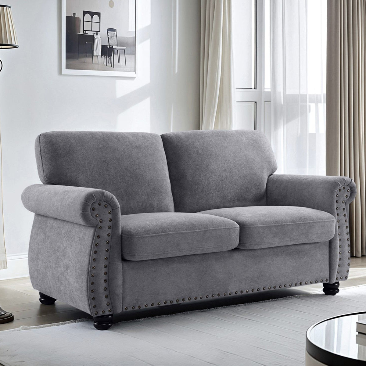 Soft Loveseat, Upholstered 2 Seater Couch, Loose Back Cushions And Turned Legs