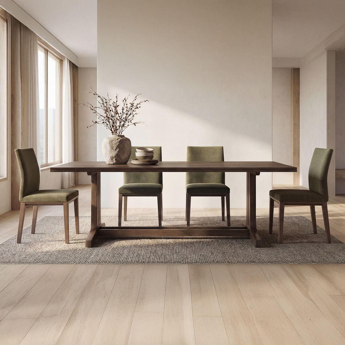 Olive upholstered dining chairs with wooden legs in a dining seating arrangement