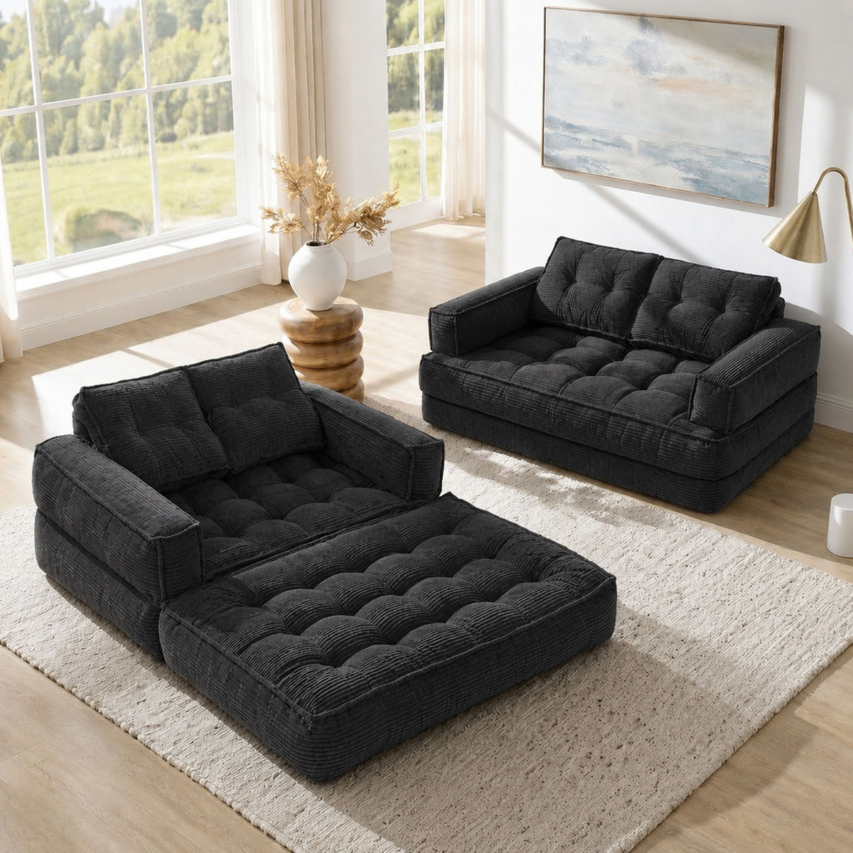 2 Seater Modular Corduroy Sofa With Chaise Lounge For Living Room