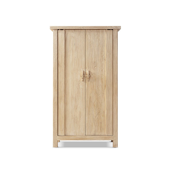 Light natural brown two-door storage cabinet with wood grain and paired handles