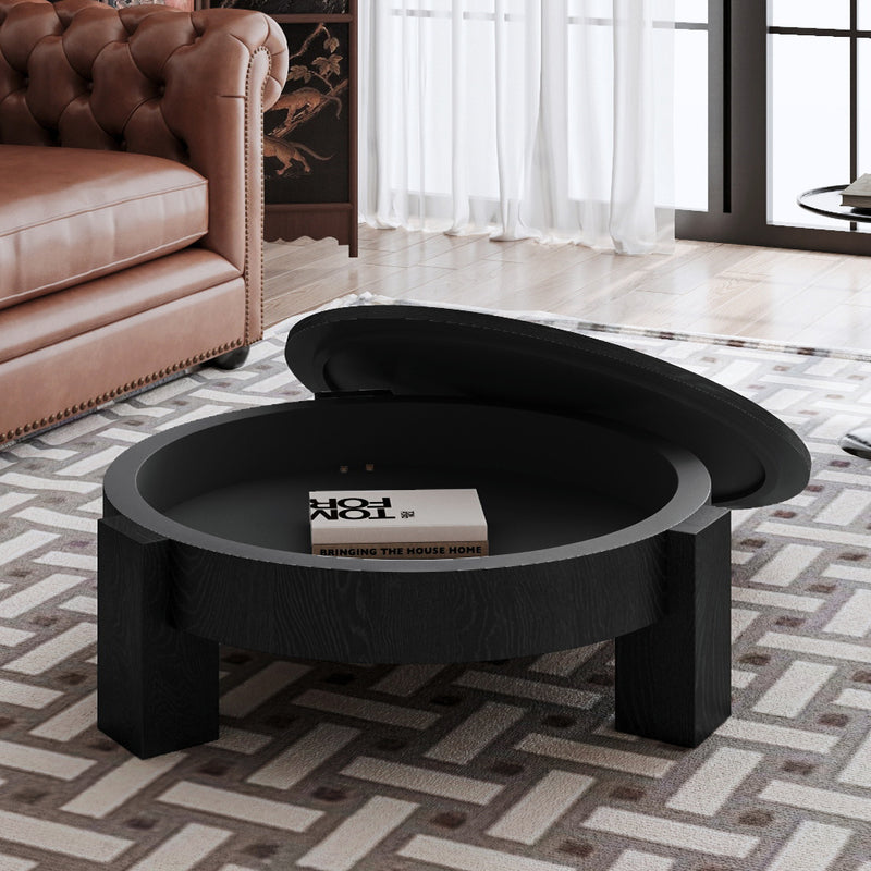 Round Coffee Table with Hidden Storage Wood Veneer Parquet Veneer Black 33-inch