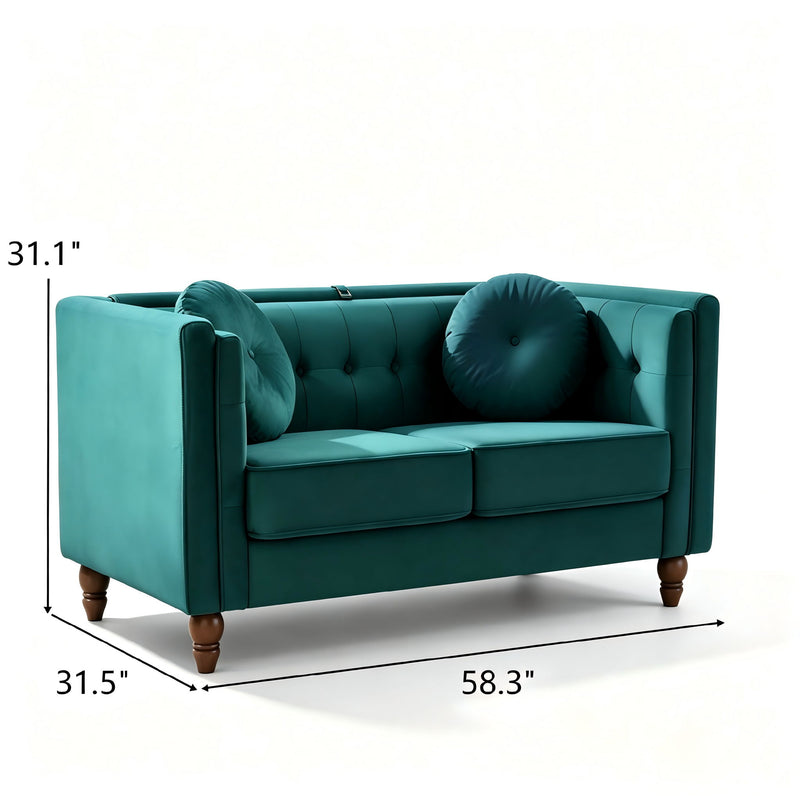 Teal green tufted 2-seater loveseat with round arm cushions and button tufting.