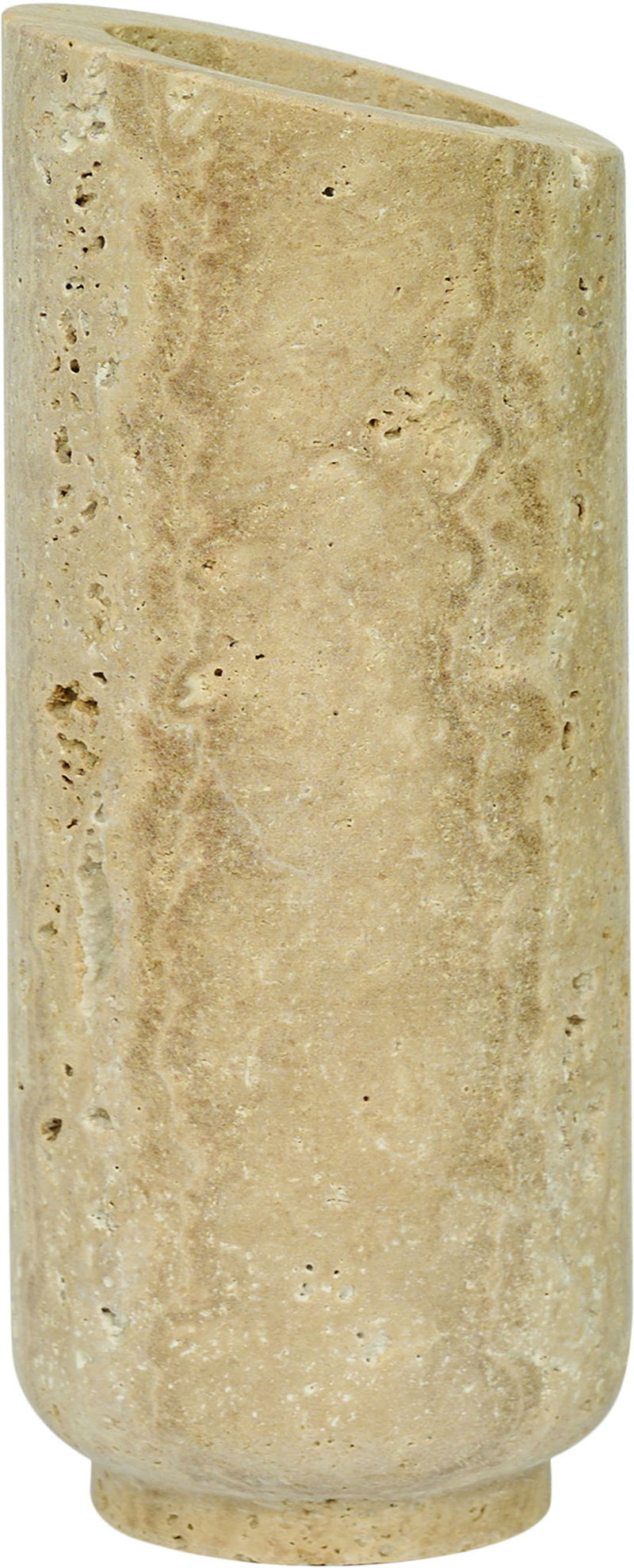 Beige travertine vase with speckled finish and wide circular opening