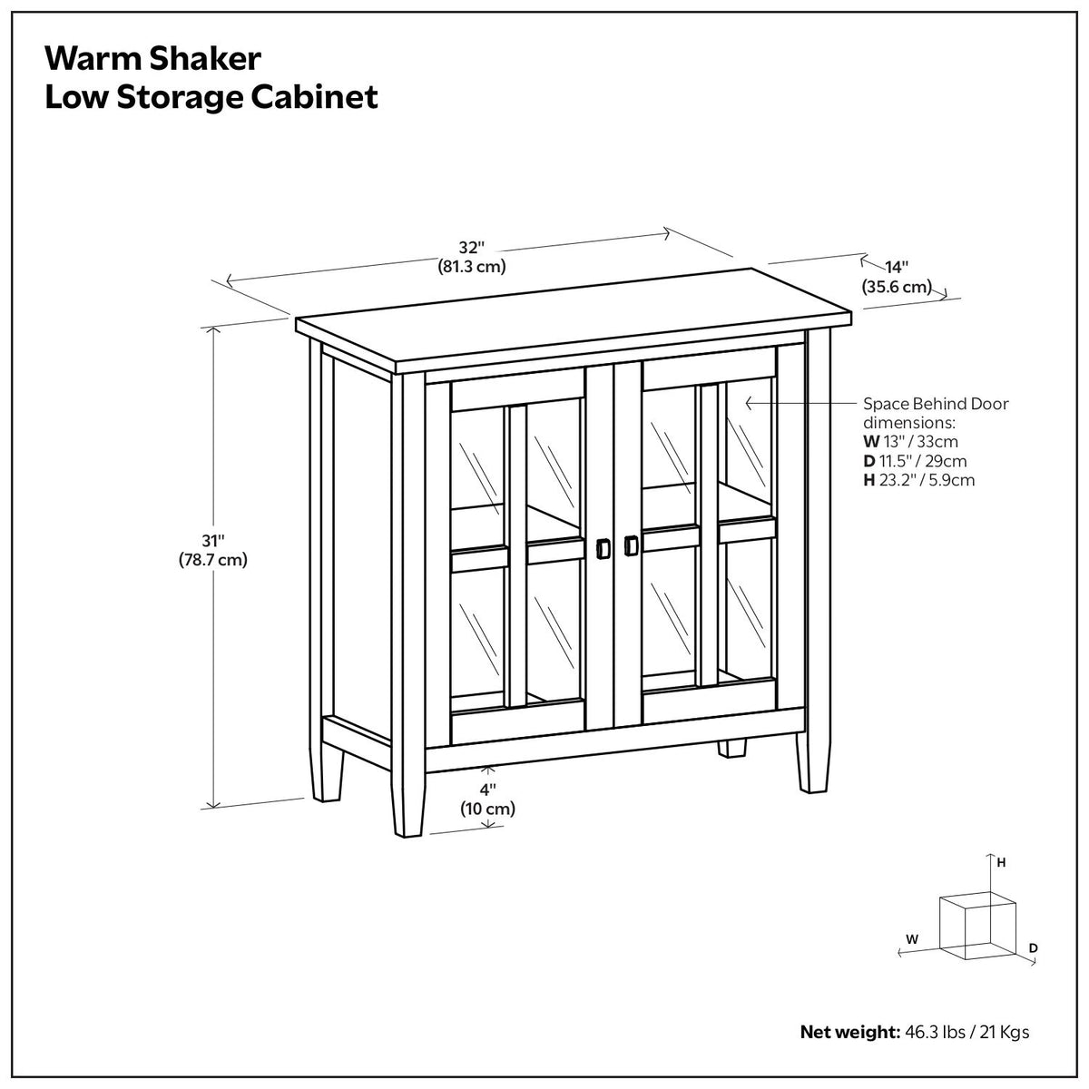 Low storage cabinet dimension diagram showing front view and door clearance