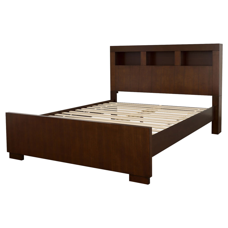 Copper - Eastern King LED Storage Bookcase Bed With Built In Shelves - Cappuccino
