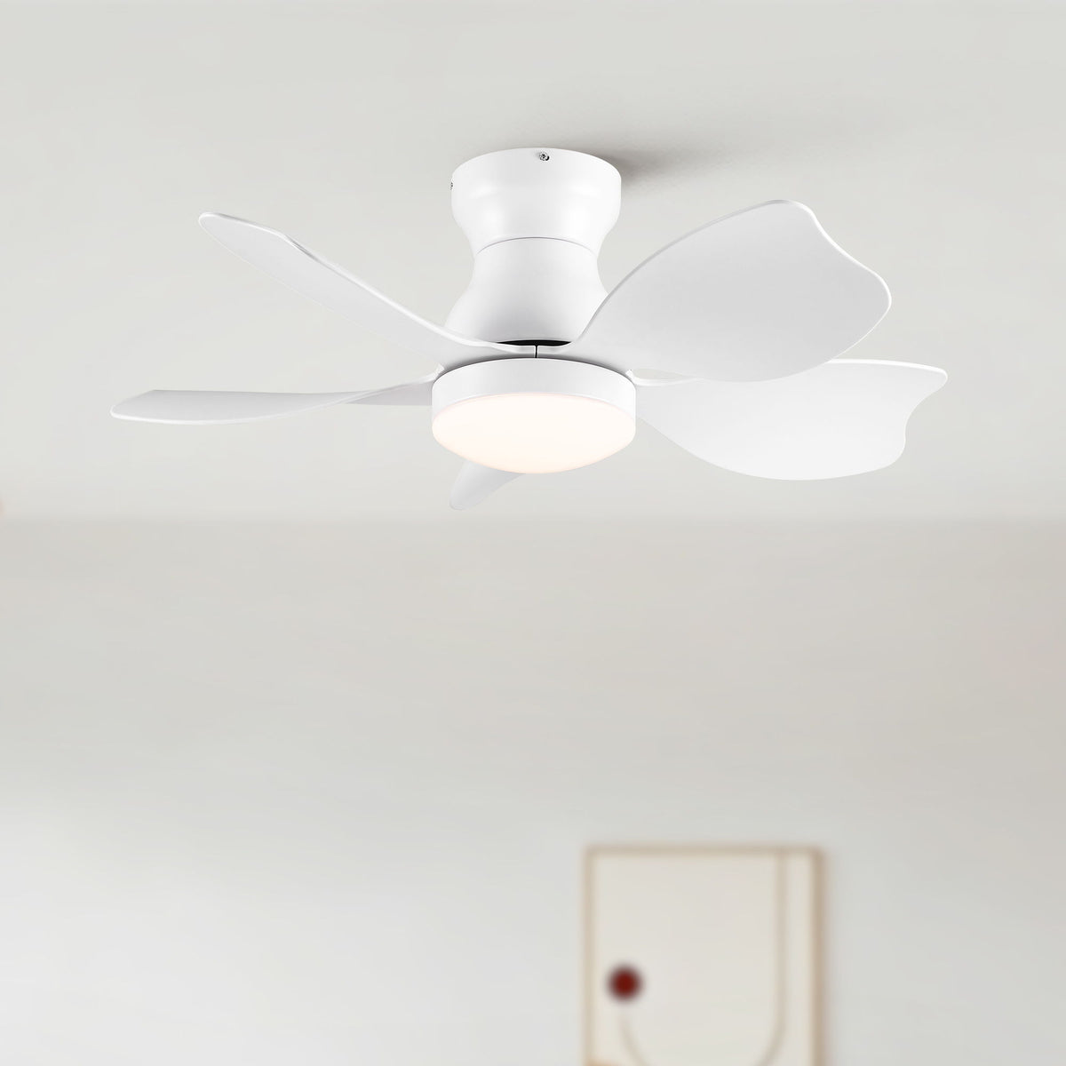 Low profile flush mount ceiling fan with light, white finish and illuminated light panel.