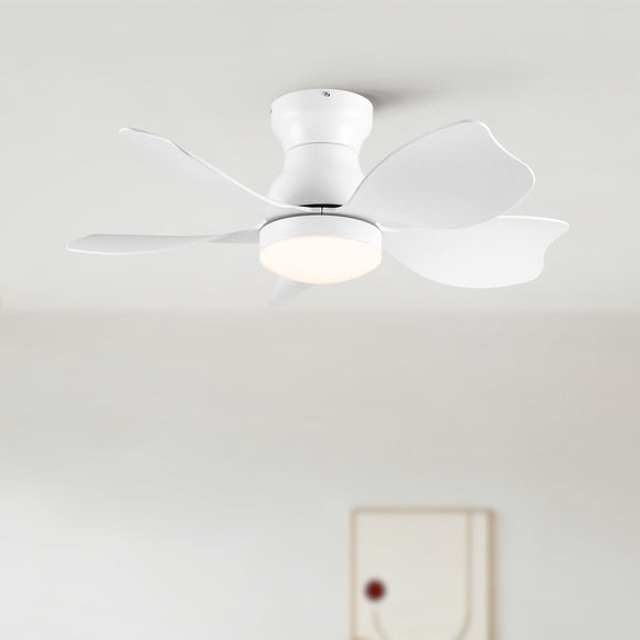 Low profile flush mount ceiling fan with light, white finish and illuminated light panel.