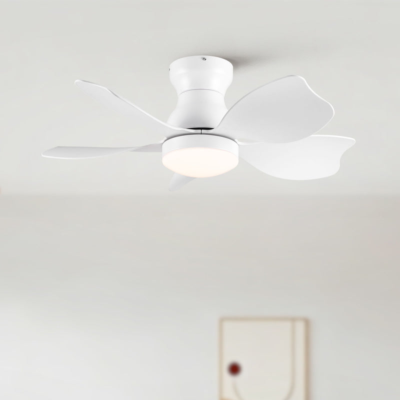 Low profile flush mount ceiling fan with light, white finish and illuminated light panel.