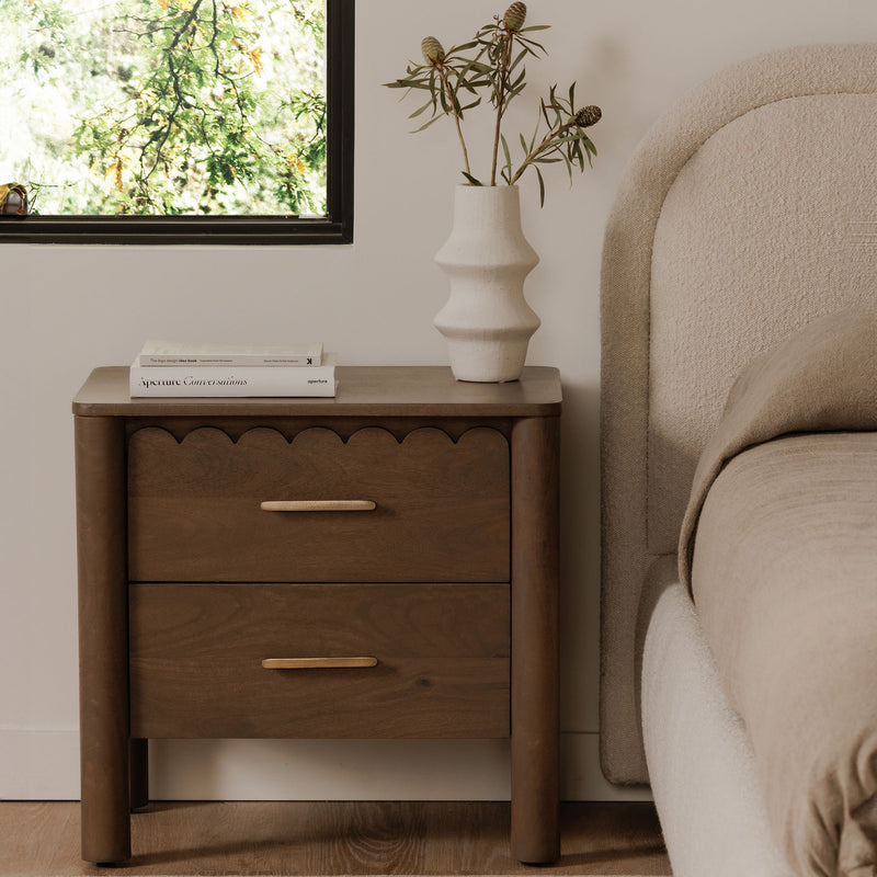 Vintage brown wooden nightstand with two drawers and arched scallop front panel